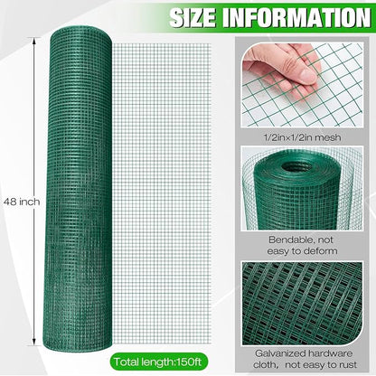 Tatuo Hardware Cloth 1/2 Inch 48in x 150ft Hot Dip Galvanized After Welded Cage Mesh Rolls 21 Gauge Metal Chicken Wire Roll Wire Fencing Poultry Netting for Raised Garden Rodent Animals(Green)
