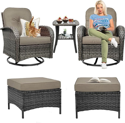 5 Piece Outdoor Patio Furniture Set,Wicker Patio Conversation Set with Swivel Glider Chairs,Wicker Rocking Swivel Chairs Set with Ottomans/Side Coffee Table for Backyard,Deck,Balcony,Khaki