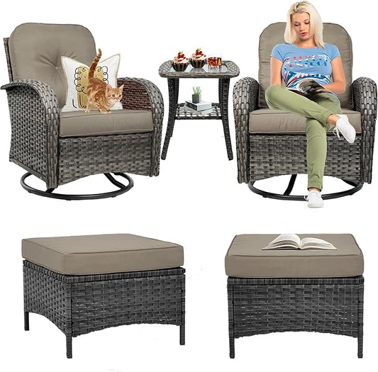 5 Piece Outdoor Patio Furniture Set,Wicker Patio Conversation Set with Swivel Glider Chairs,Wicker Rocking Swivel Chairs Set with Ottomans/Side Coffee Table for Backyard,Deck,Balcony,Khaki