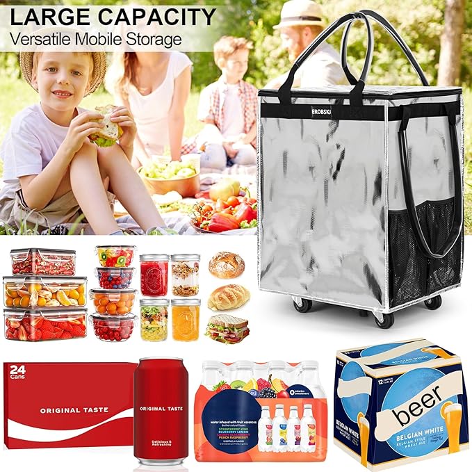 (Large,Silver)Reusable Grocery Bag on Wheels, Foldable Rolling Tote, Carries Up to 76 lbs Shopping Trolley, Zipper Clouser Shopping Carts for Trips, Laundry, 5 Heavy Duty Wheels and 3 Handles