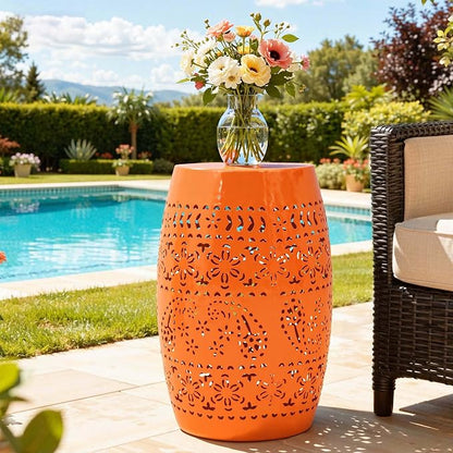 Large Outdoor Side Table, 18"H Modern Lace Cut-Out Metal End Table, Hollow Drum Coffee Table Planter Stand with No Assembly & Weather-Resistant,Decorative Garden Stool for Patio, Garden, Indoor