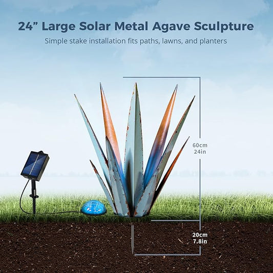 KODIBO 24” Large Solar Metal Agave Plants Outdoor Decor, Tequila Rustic Sculpture Outdoor Statues, Garden Sculpture for Patio Path Courtyard and Lawn (Vintage Blue-Solar Light)