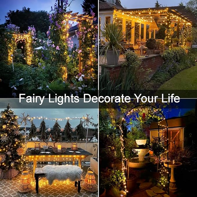 YEGUO 4 Pack Warm White Solar Fairy Lights, Each 33ft 100 LED Christmas Lights Outdoor Waterproof, 8 Modes Sliver Wire Solar String Lights