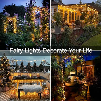YEGUO 4 Pack Warm White Solar Fairy Lights, Each 33ft 100 LED Christmas Lights Outdoor Waterproof, 8 Modes Sliver Wire Solar String Lights