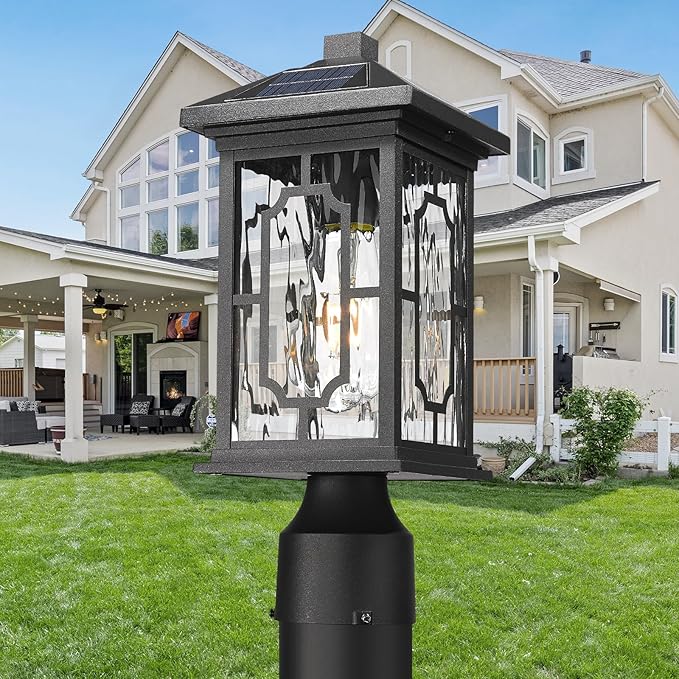 Solar Outdoor Post Light,Dusk to Dawn Aluminum Lamp Posts with Remmote,Waterproof Exterior Pillar Lantern with Water Ripple Glass for Pathway Garden Patio Gargae, 2700K LED Bulb Included