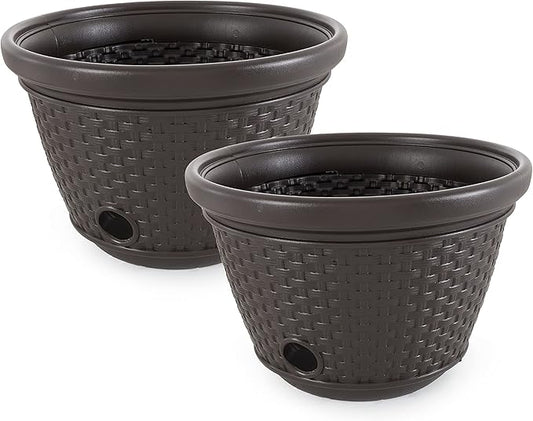 Suncast 2 Pack Decorative Wicker Garden Hose Holder Pot with 4 Drain Holes for 100 Foot Hoses, Java