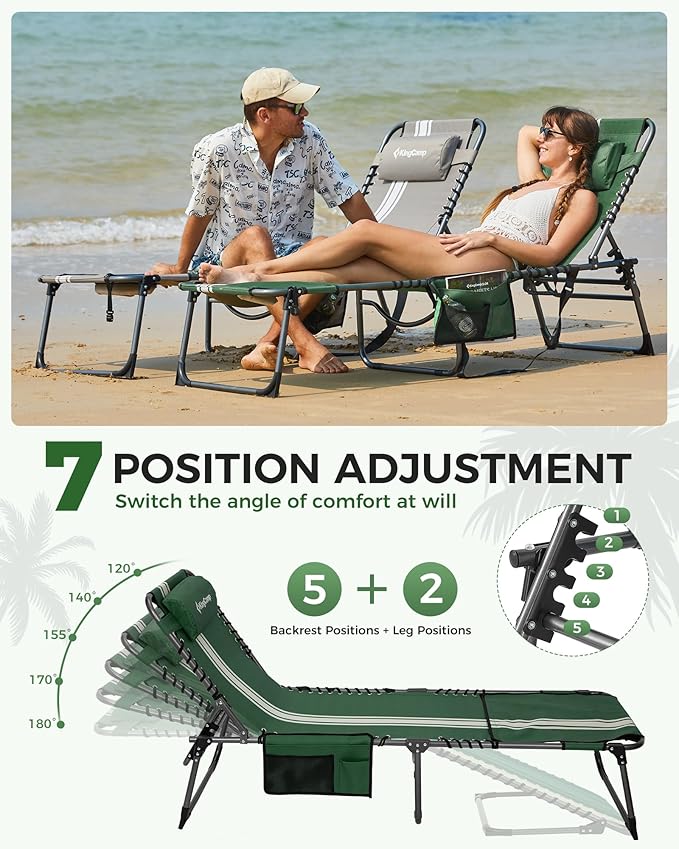 KingCamp Tanning Chair with Face Hole, Lounge Chairs Outdoor Folding Portable Comfy Adjustable 5-Position Lay Flat Foldable Chaise Chaser Lounger for Outside Beach Patio Sun Bathing Pool, Green/White