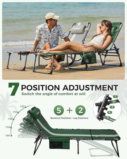 KingCamp 2 Pack Folding Lounge Chair Outdoor, Portable Tanning Chair with Face Hole Comfy Adjustable 5-Position Foldable Chaise Chaser Lounger for Outside Beach Patio Sun Bathing Pool, Green/White