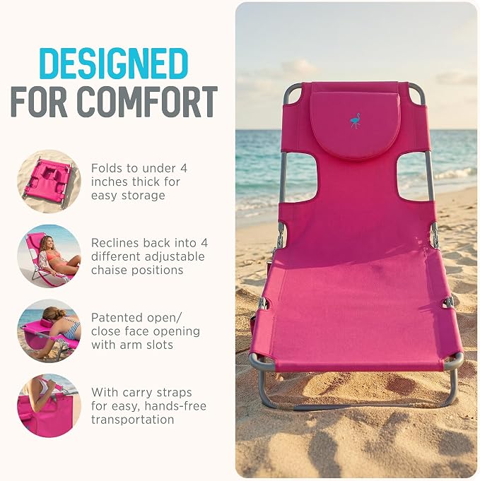 Ostrich the Original Chaise 72 x 22 Inch Lounge Portable Reclining Lounger, Outdoor Patio, Beach, Lawn, Camping, or Pool Tanning Chair, Pink
