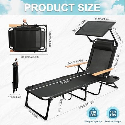 Outdoor Chaise Lounge Chair with 4-Position Adjustable Backrest,Patio Folding Sun Tanning Chair,Pillow & Cup Holder,Portable Recliner Sunbathing Lounger Chairs for Beach Garden (Black with Shade)