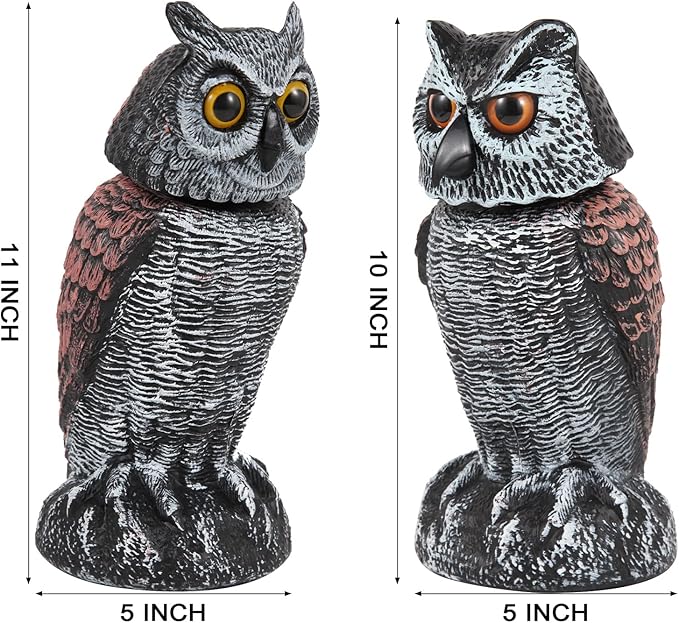 Hedoc 2 Pack Fake Owl Decoys to Scare Birds Away, Rotating Head Bird Deterrents, Nature Enemy Scarecrow Plastic Statues, Pest Repellent for Gardens and Patios