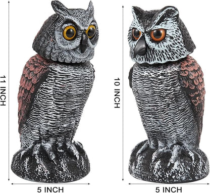 Hedoc 2 Pack Fake Owl Decoys to Scare Birds Away, Rotating Head Bird Deterrents, Nature Enemy Scarecrow Plastic Statues, Pest Repellent for Gardens and Patios