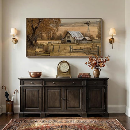 Large Framed Vintage Landscape Canvas Wall Art for Living Room, Retro Rustic Horizontal Paintings Prints, Neutral Country Barn Pictures for Bedroom Dining Room Hallway Entryway Wall Decor 60x30 Inch