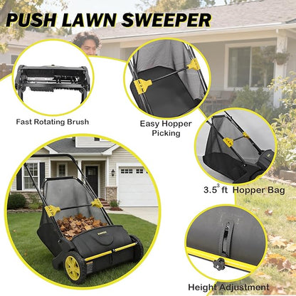 Push Lawn Sweeper, 21-Inch Width, 3.5 Cu. Ft. Hopper Capacity, 4 Spinning Brushes, Adjustable Height, Durable Steel Frame with Rubber Wheels, Yellow