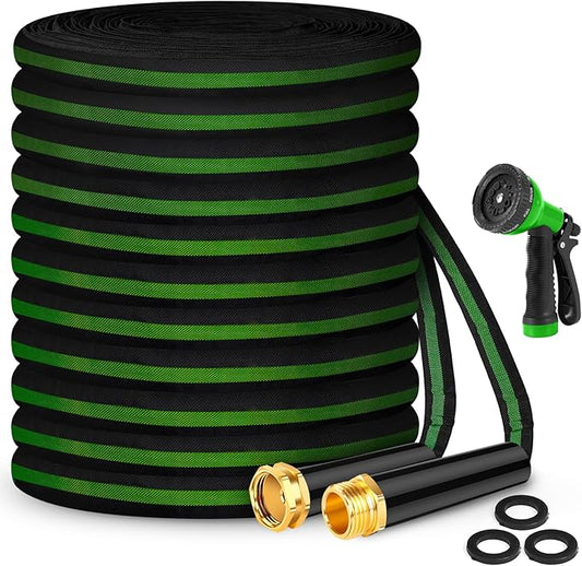 Garden Hose 100ft, Non-Expanding Water Hose, 8 Function Nozzle, Flexible Ultra-Light, Anti-Kink, Wear-Resistant, Portable, Easy Storage, Hose with 3/4 for Outdoor, Garden, Yard and Lawn, Black Green