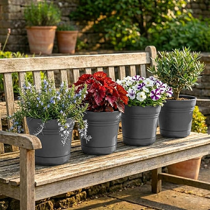 Bloem Saturn 5" Charcoal Round Resin Planter Pot with Snap-in Saucer for Indoor and Outdoor Gardening, 4-Pack