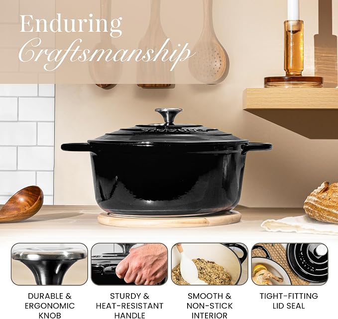 Cast Iron Pot with Lid-Non-Stick Ovenproof Enamelled Casserole Pot, Oven Safe up to 500° F-Sturdy Dutch Oven Cookware - Black, 5-Quart, 24cm-by Nuovva