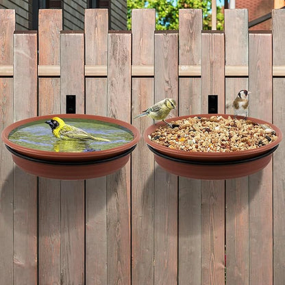 Fence Bird Feeders Tray - 2pcs Tree Mounted Wild Bird Bath for Outdoors Place Food Water, Installed on Wooden Deck Fence with Heavy Duty Iron Ring, 8.3'' Dia. (Brown)