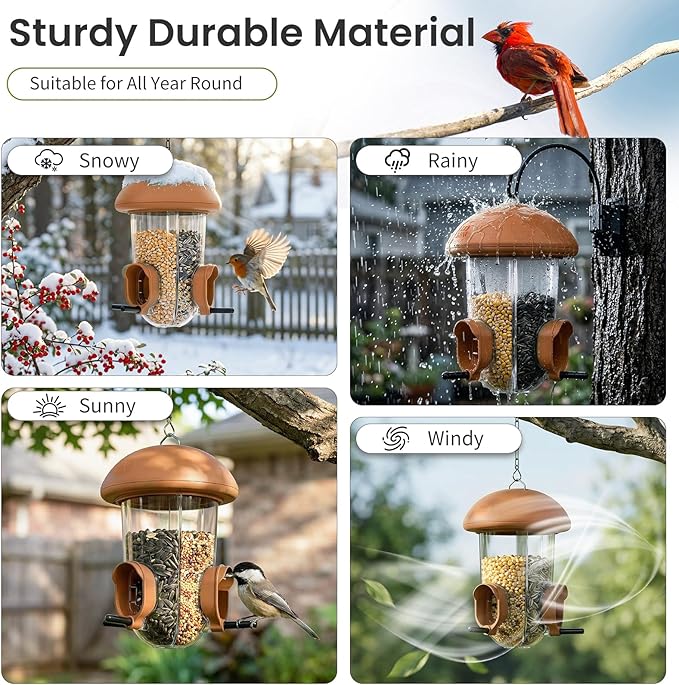 LONA Bird Feeders for Outdoors Hanging – 3 Separate Compartments, 3 Feeding Ports, Weatherproof Dome & 3 Ways to Hang, Large Capacity for Cardinals/Finches (Brown，Plus