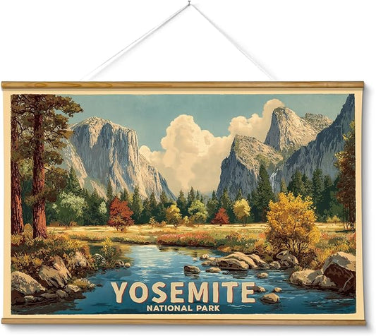 VIYYIEA Extra Large Size Canvas Wall Art, 36x54 Inch Yosemite National Park Vintage Landscape Hanging Scroll for Living Room, Bedroom, or Office Decor