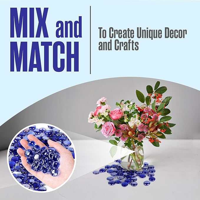 Houseables Glass Beads for Vases, Marbles for Vases, Glass Marbles, Filler, Blue Beads, Flat, Blue Gems, Crafts, Pebbles, Stones, Decorative Rocks, Plants, Florist, Floral, Fishbowl, 10 LBS, 1000PC