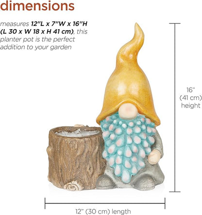 Alpine Corporation 16" Tall Outdoor Yellow Hat Gnome Statue with Drainage Hole Planter, Weatherproof Garden Decor