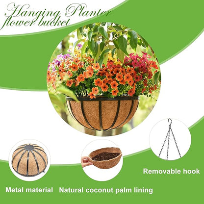 16 Inch Black Flat Iron Metal Hanging Planter Basket with Coco Coir Liner(2 Pack) Hanging Planters for Outdoor Plants Hanging Baskets for Plants Flower Pots for Deck Patio Porch Garden Balcony