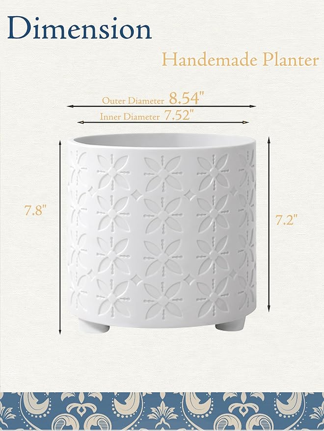 8 Inch Planter, Plant Pots with Drainage Hole, Modern Cylinder Flowerpot - Indoor & Outdoor Plants for Home & Office,White