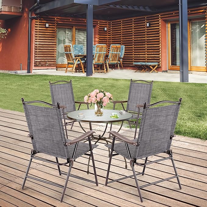 Tangkula Set of 4 Patio Folding Dining Chairs, Outdoor Sling Lawn Chairs with Armrests, Steel Frame, Portable Camping Lounge Chairs for Backyard, Deck, Poolside and Garden, No Assembly (2, Grey)