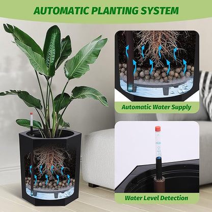 16in Flower Pot Set of 2, Self Watering Planters for Indoor Plants with Water Level Monitoring, Bottom Wheels and Water Outlet for Garden Plant Pots, Patio, Balcony, Lounge, Front Porch Decor