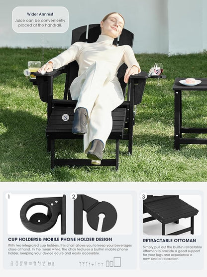 KINGYES Folding Adjustable Adirondack Chair with Ottoman & 2 Cup Holders Set of 4, HDEP Multifunctional Adirondack Chair with Footrest, Black