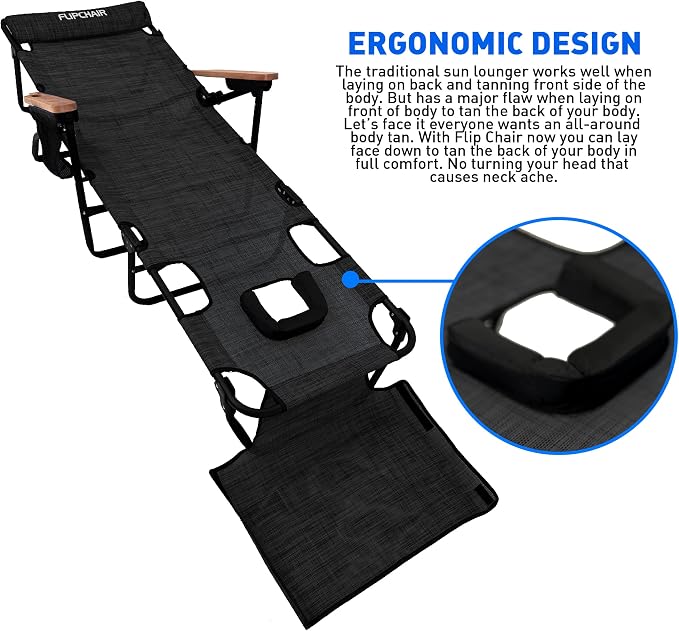 EASYGO PRODUCTS FLIP Face Down Tanning Chaise Lounge Chair with Face & Arm Holes - 4 Legs Support - Textilene Material - 6 Position - Arm Head Rest Pillow - Beach or Home Use