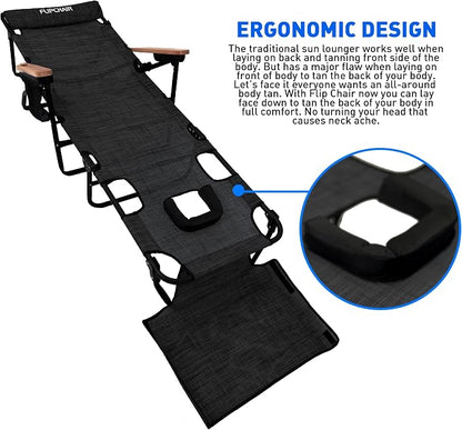 EASYGO PRODUCTS FLIP Face Down Tanning Chaise Lounge Chair with Face & Arm Holes - 4 Legs Support - Textilene Material - 6 Position - Arm Head Rest Pillow - Beach or Home Use