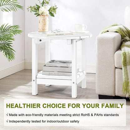 Set 2 Adirondack Outdoor Side Tables, 2-Tier Round Outdoor Table, Weather Resistant HDPE Patio End Table for Garden, Lawn, Pool, Beach, Porch, Deck, Backyard - White