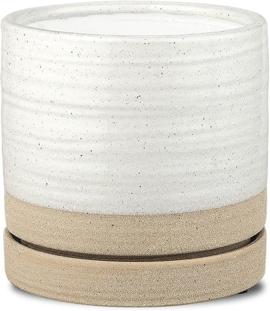 HERDUK 6 Inch Plant Pots, Ceramic Planter Pot with Drainage Hole & Saucer, Indoor/Outdoor Cylinder Round Planter Pot, White & Beige Glaze