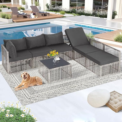 FHFO 7 Pieces Outdoor Patio Furniture Set, Wicker Outdoor Sectional Conversation Couch Set with Adjustable Backrest Sofa, Thick Cushion & Coffee Table for Garden, Porch, Poolside, Grey/Grey