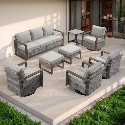 Rilyson Outdoor Wicker Patio Furniture Set - 4 Piece Patio Conversation Set with 2 Wicker Swivel Rocker Chairs,2 Rattan Ottoman, Thick Cushions, Deep Seating, Wide Armrest(Mixed Grey/Grey)