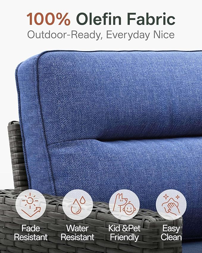 Luxury 3-Piece Patio Furniture Set with 6-Inch Thick Cushions, Outdoor Swivel Rocker Chairs and Table, Wicker Conversation Set for Porch, Deck, Balcony, Yard in Blue
