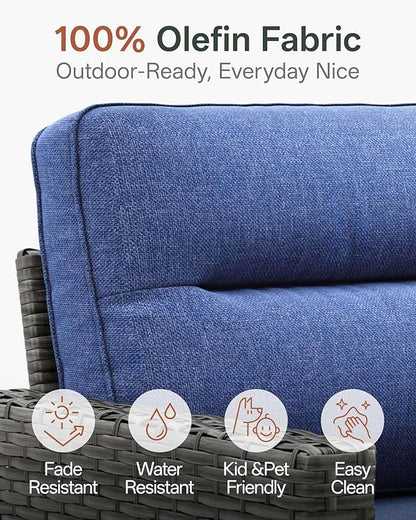 Luxury 5-Piece Patio Furniture Set with 6-Inch Thick Cushions, Outdoor Swivel Rocker Chairs and Table, Wicker Conversation Set for Porch, Deck, Balcony, Yard in Blue