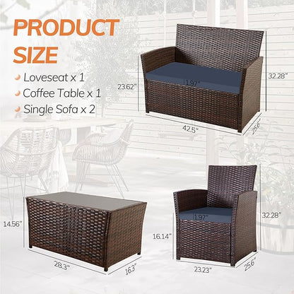 4 Piece Patio Furniture Set, Outdoor Wicker Conversation Set, Rattan Sectional Sofa Couch with Glass Coffee Table & Thick Cushion for Backyard, Porch, Garden, Poolside, Brown/Blue