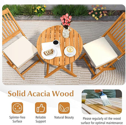 Tangkula 3 Pieces Acacia Wood Patio Folding Bistro Set, Outdoor Table and Chairs Set with Soft Cushions, Patio Furniture Set for Porch, Balcony, Garden, Deck and Backyard