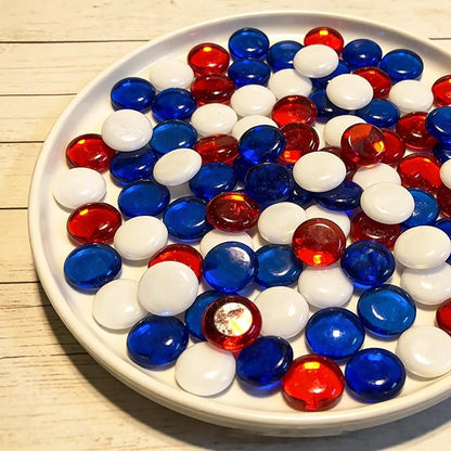 150 Pieces Red Blue White Glass Gemstone Beads Patriotic Vase Fillers Stone Independence Day Bowl Filler Gems Flat Marble Beads Glass Gem Pebbles for Home Decoration (Red Bule and White)