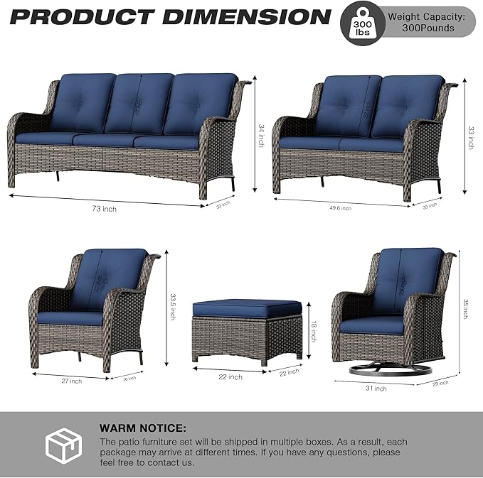 Joyside 5 Piece Outdoor Patio Furniture Set Wicker Conversation Bistro Set Swivel Rocking Chairs with Side Table and Ottomans for Backyard, Porch, Deck(Mixed Grey/Blue)