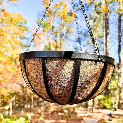 4 Pack 16 Inch Hanging Planters for Outdoor Plants Metal Hanging Planter Basket with Coco Coir Liner Round Plant Black Flat Iron Metal Flower Pots for Deck Patio Porch Garden Balcony