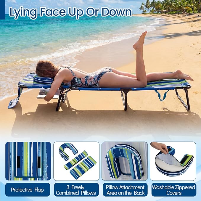 Giantex Tanning Chair, Folding Beach Chair, Adjustable Patio Lounge Chair with Face Hole, Removable Pillows, Carry Strap, Layout Chair, Set of 2 Outdoor Chaise Lounger for Poolside Yard Lawn