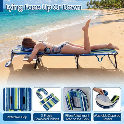 Giantex 350lbs Adjustable Patio Lounge Chair w/Face Hole, Removable Pillows, Carry Strap, Layout Chair, Folding Beach Chair, Outdoor Chaise Lounge for Poolside Lawn Tanning (1, Stripe)