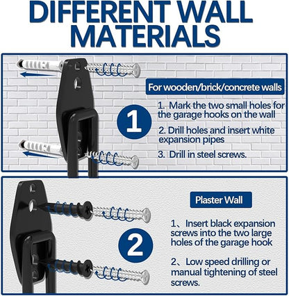 3-H Heavy Duty Garage Hooks with Extra Welding Spots, Utility Hooks for Hanging, Garage Organizer for Garden, Lawn, Yard Tools, Chairs, Ladders, WeedEater, Shovel(Black)