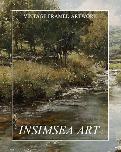 InSimSea Extra Large Framed Vintage Wall Art, Living Room Country Farmhouse Decor, River Rolling Hills Landscape Canvas Prints, Retro Scenery Long Picture for Bedroom Above of Bed, 20x40inch