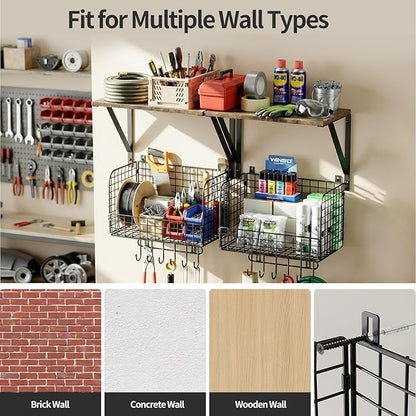 Housolution Garage Shelving Wall Mounted, Heavy-Duty Garage Wall Shelving with Baskets & Hooks Supports up to 154 LBS in Total, Tool Storage Organizer for Home, Garden, Kitchen, Laundry Room