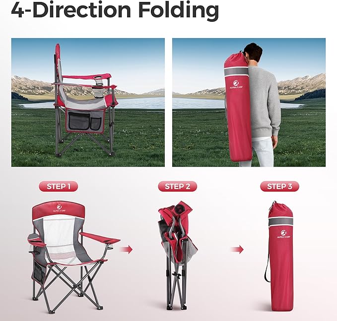 ALPHA CAMP Heavy Duty Camping Chair 500LBS Capacity, Oversized Folding Chair for Heavy People, Padded Portable Outdoor Chair with Cooler Bag & Cup Holder for Camping, Fishing, Beach